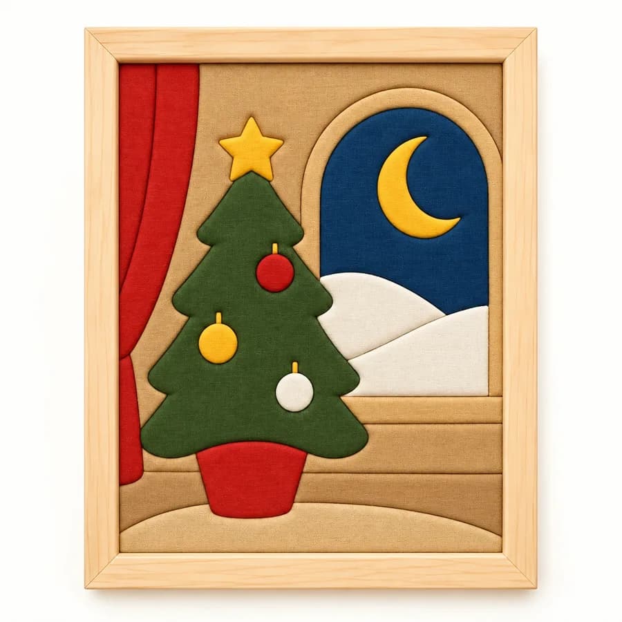 Pencerede Yılbaşı Hazır Kinusaiga Kumaş Tablo - 21×30 cm