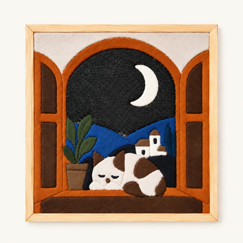 Ay Işığında Penceredeki Kedi Hazır Kinusaiga Kumaş Tablo - 30×30 cm