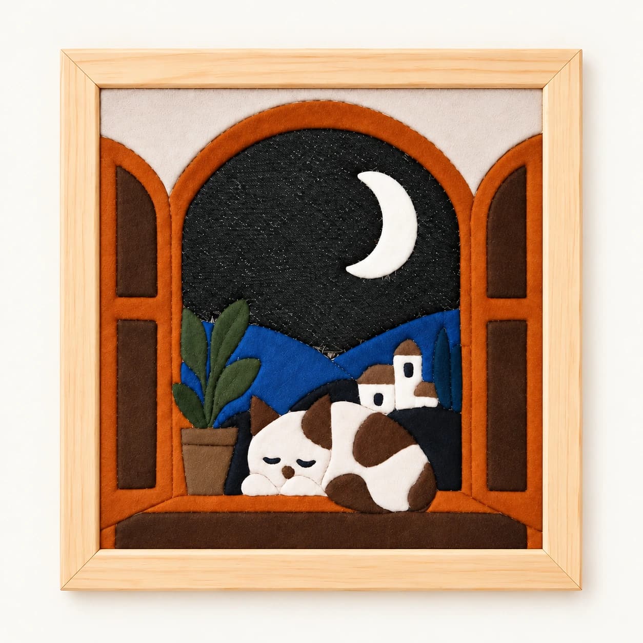 Ay Işığında Penceredeki Kedi Hazır Kinusaiga Kumaş Tablo - 30×30 cm