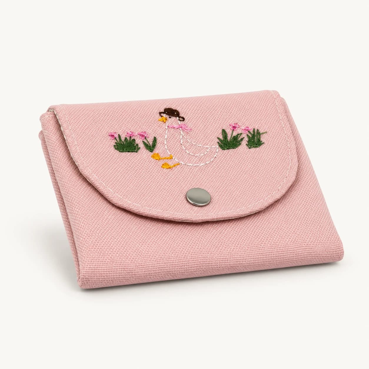 Pembe Nakışlı Mini Cüzdan - Kaz Motifli
