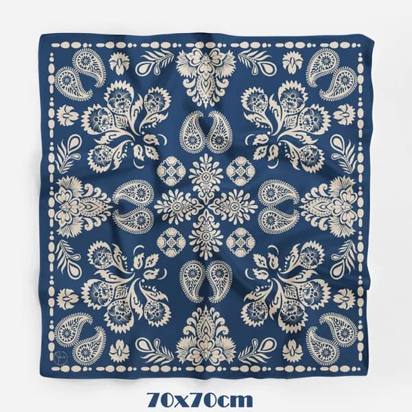Tua İpek Antik Zarafet Lacivert Krem Bandana 70×70 cm