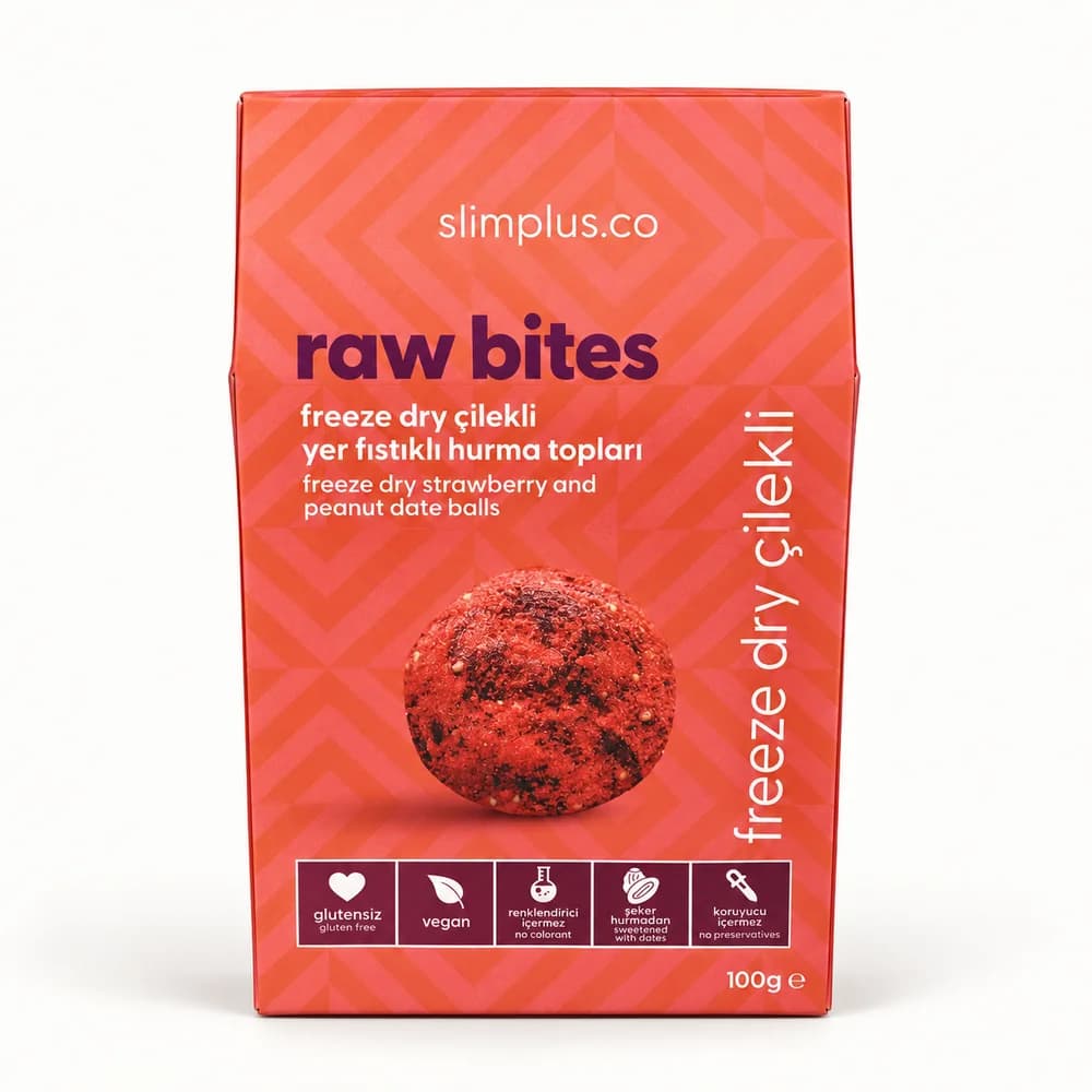 SlimPlus Raw Bites Freeze Dry Çilekli Yer Fıstıklı Hurma Topları 100 g