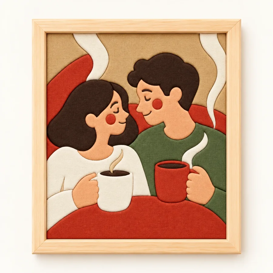Seninle Bir Kahve Hazır Kinusaiga Kumaş Tablo - 21×30 cm
