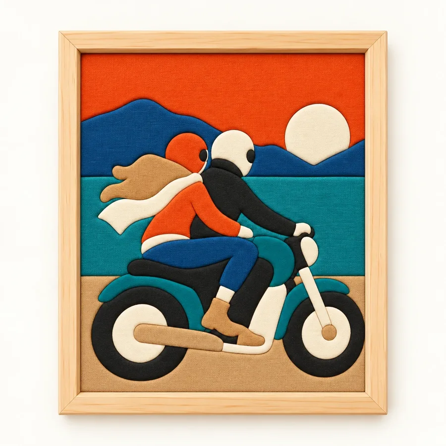 İki Teker Bir Yol Hazır Kinusaiga Kumaş Tablo - 21×30 cm