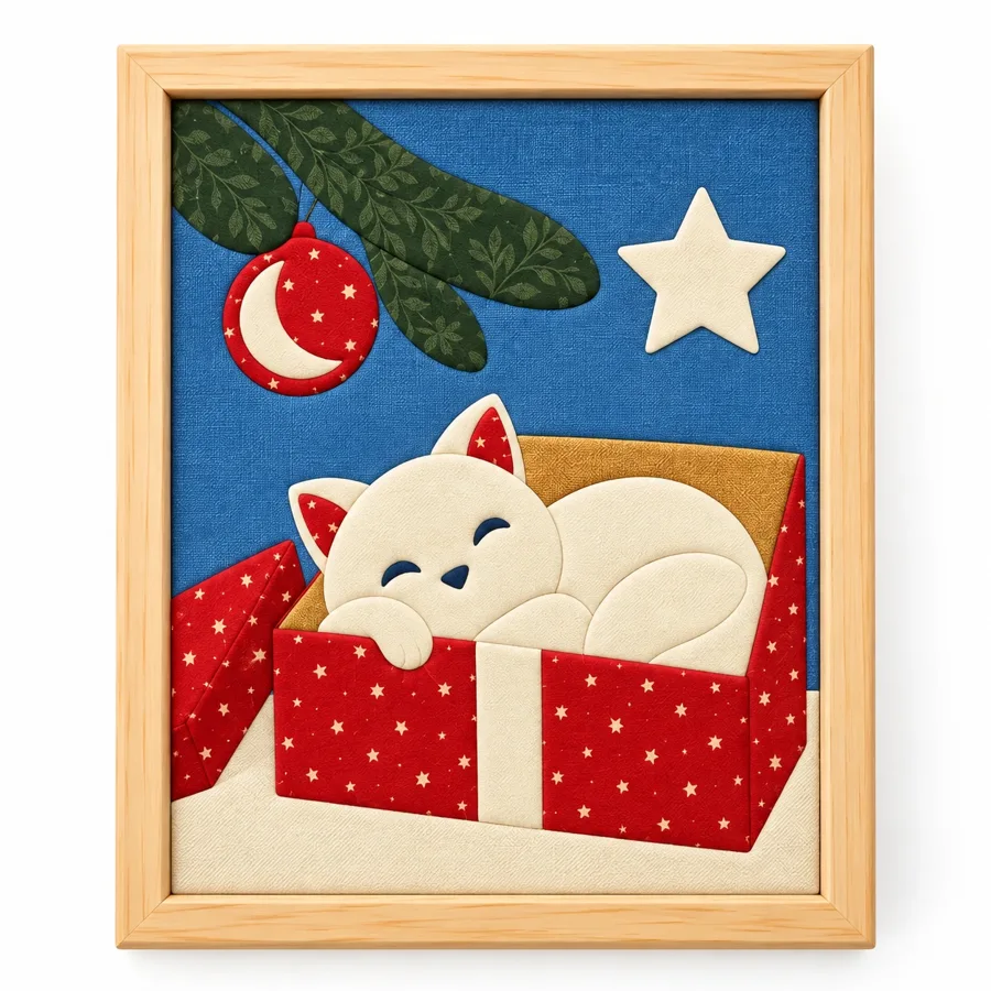 Yılbaşı Kedisi Hazır Kinusaiga Kumaş Tablo - 21×30 cm